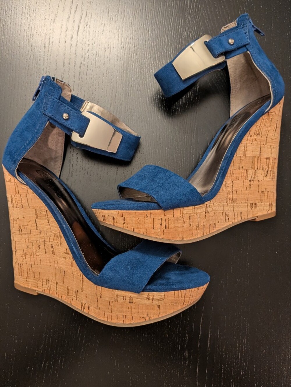 Women’s Blue Suede Cork Wedge Sandals